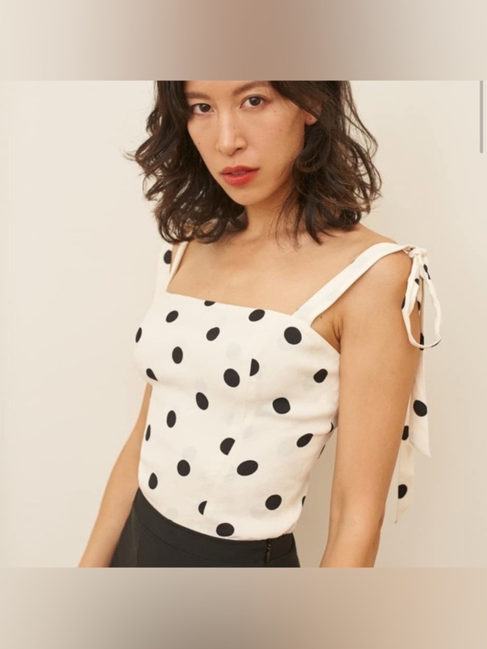 Reformation Ellora Polka Dot Tie Strap Smocked Crop Top Tank Zip Back Cream
